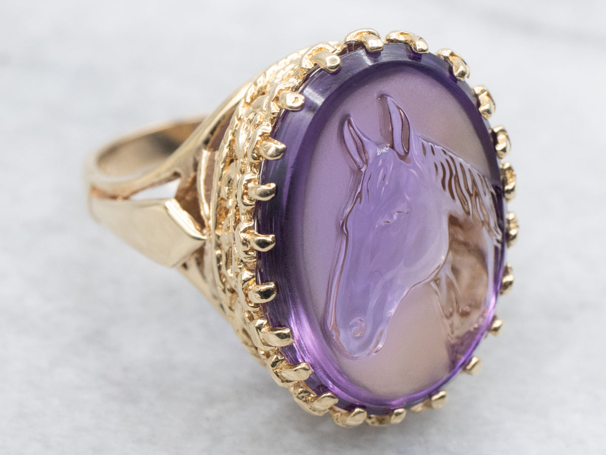Vintage Carved Equestrian Amethyst Ring