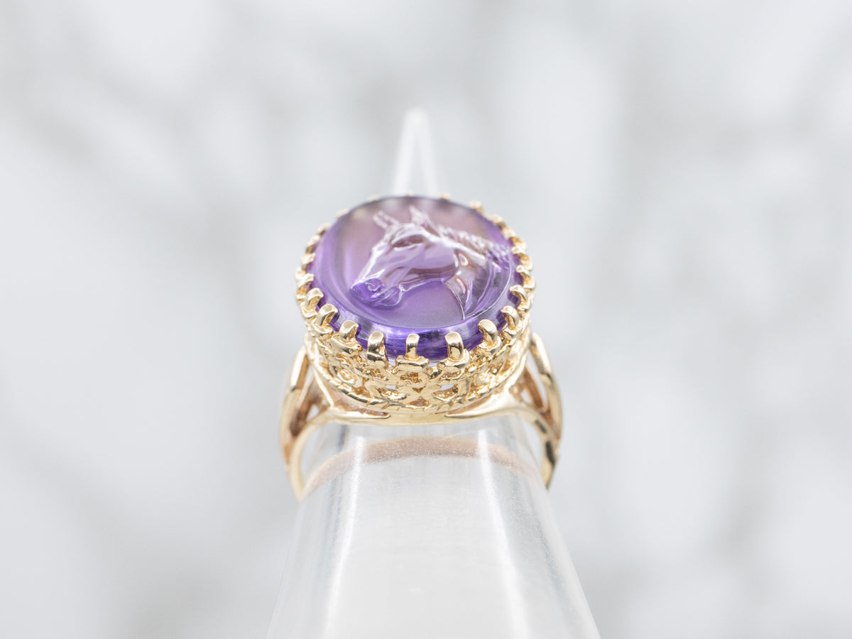 Vintage Carved Equestrian Amethyst Ring