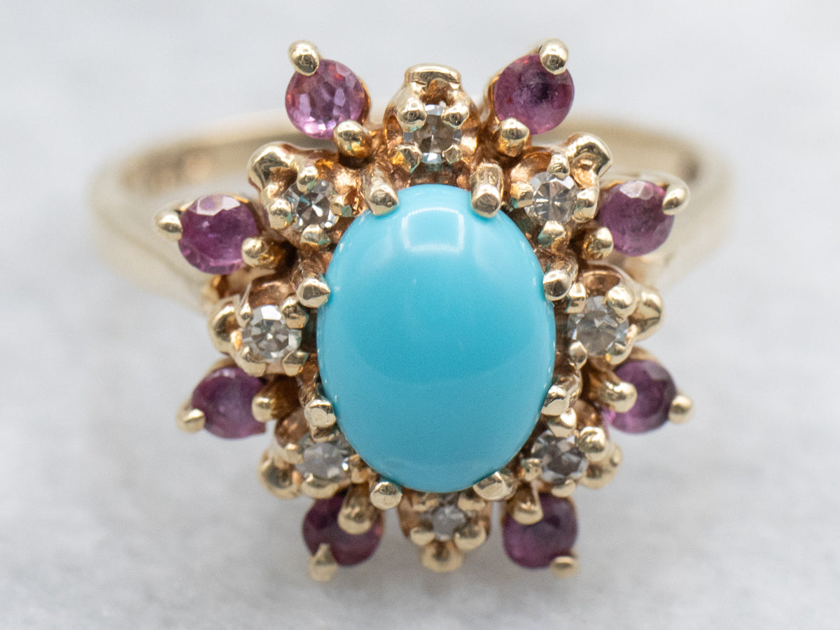 Turquoise Ruby and Diamond Halo Ring