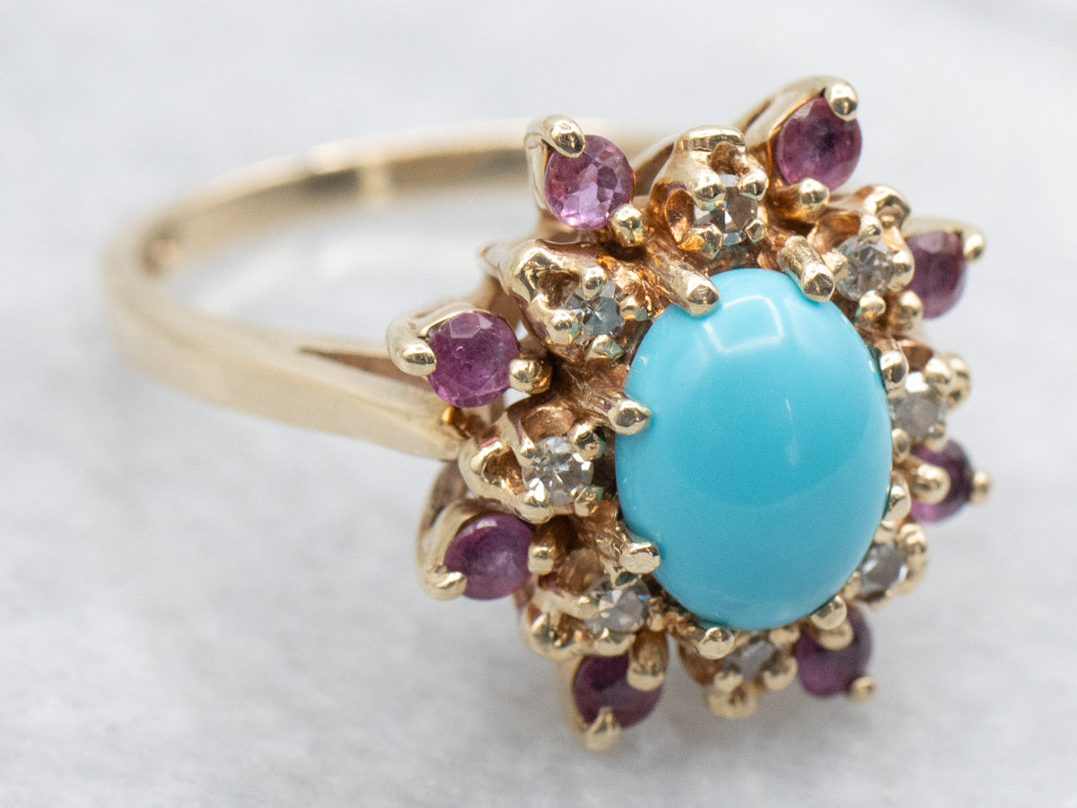Turquoise Ruby and Diamond Halo Ring