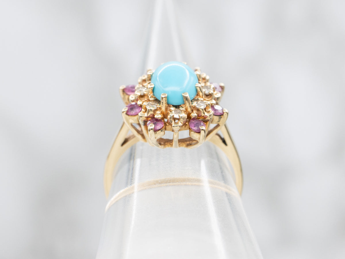 Turquoise Ruby and Diamond Halo Ring