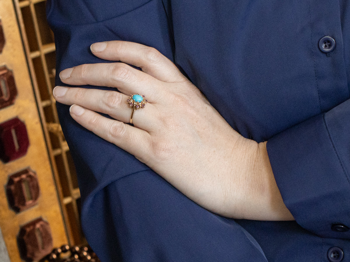 Turquoise Ruby and Diamond Halo Ring