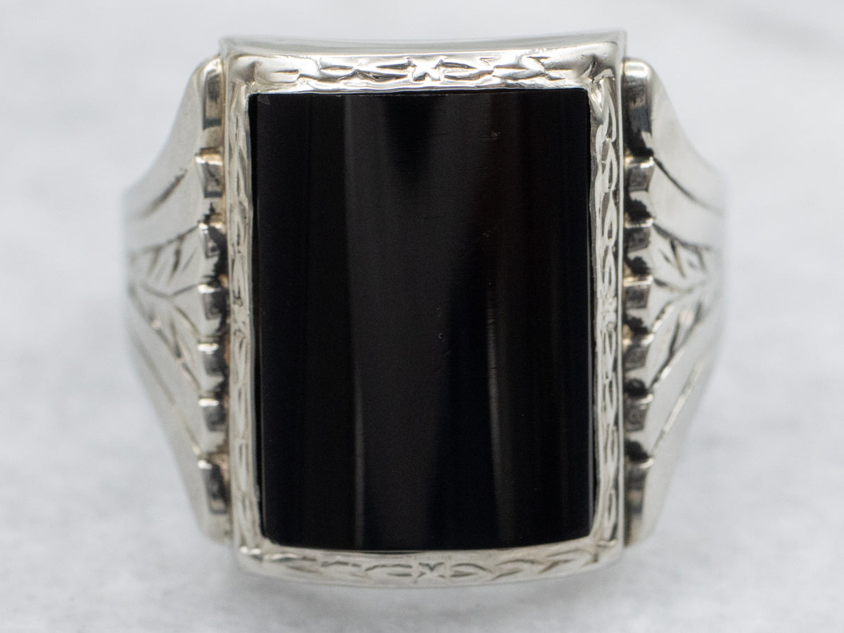 Men's Art Deco Barrel Cut Black Onyx Ring