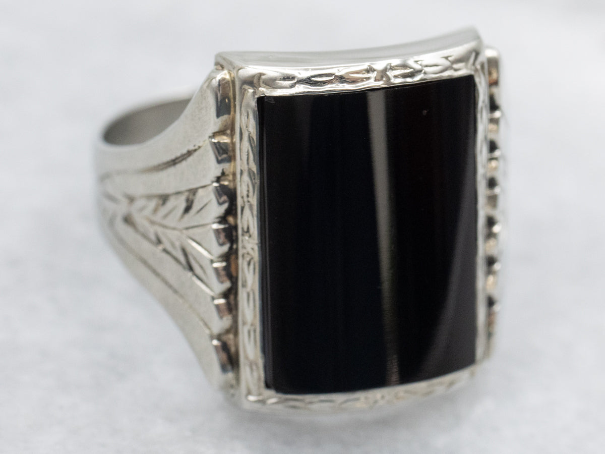 Men's Art Deco Barrel Cut Black Onyx Ring