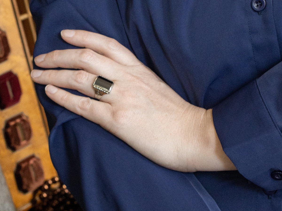 Men's Art Deco Barrel Cut Black Onyx Ring