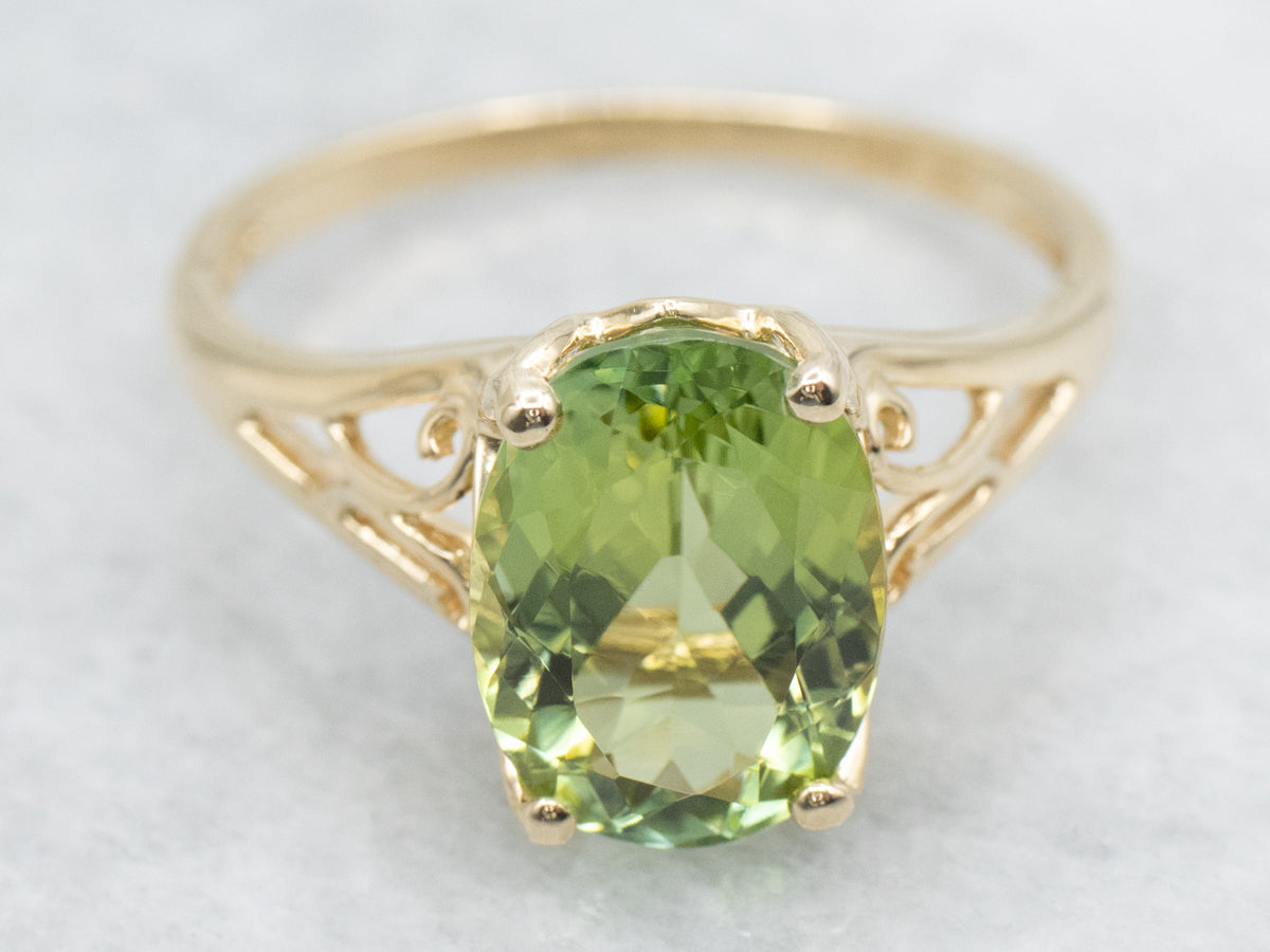 Green Tourmaline Solitaire Ring with Openwork Scrolling Shoulders