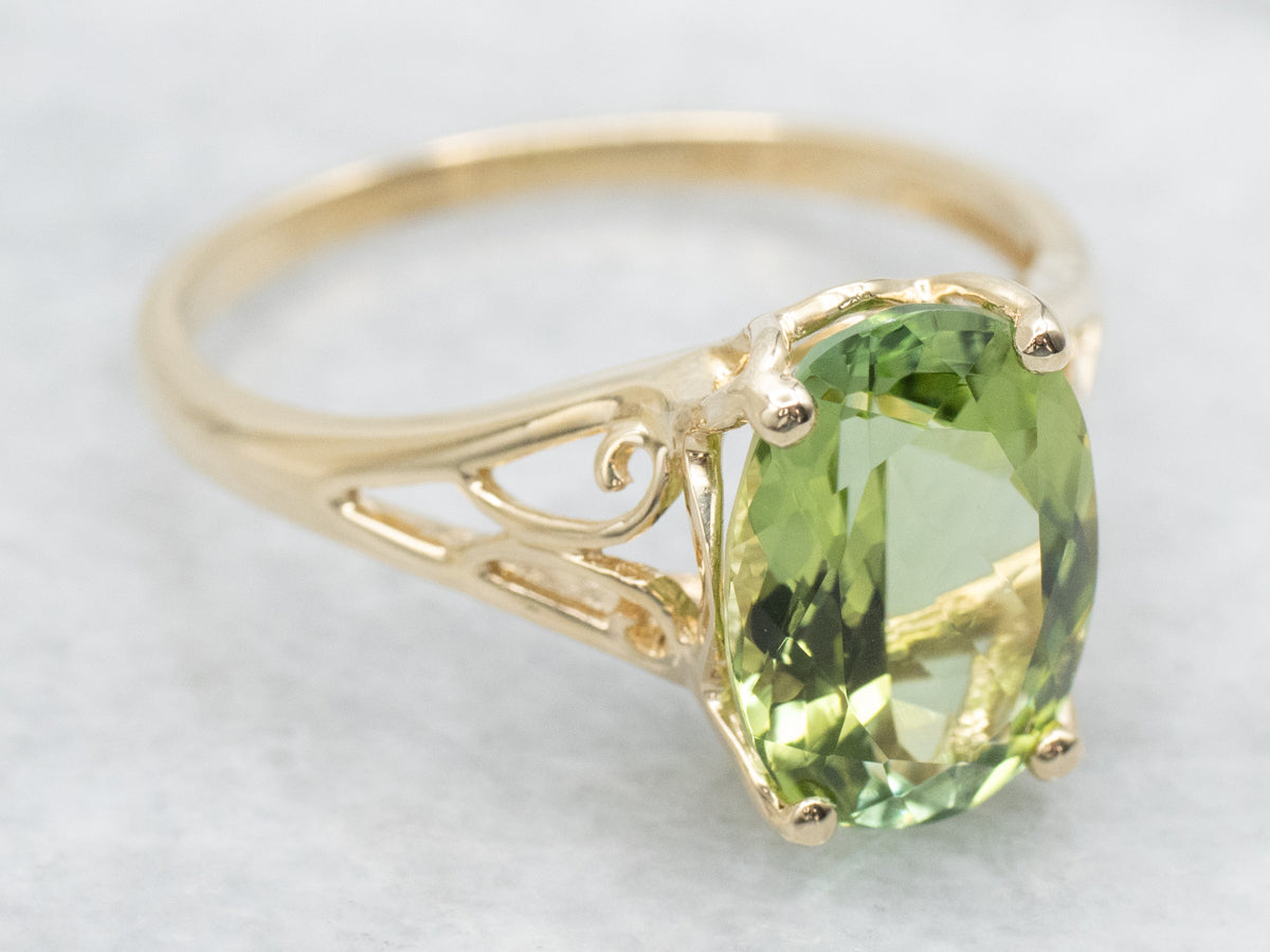 Green Tourmaline Solitaire Ring with Openwork Scrolling Shoulders