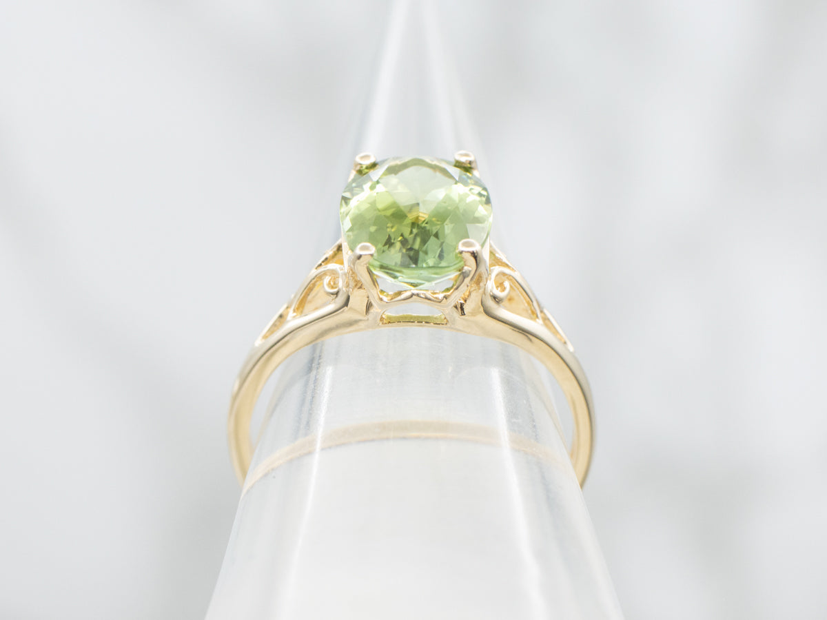 Green Tourmaline Solitaire Ring with Openwork Scrolling Shoulders