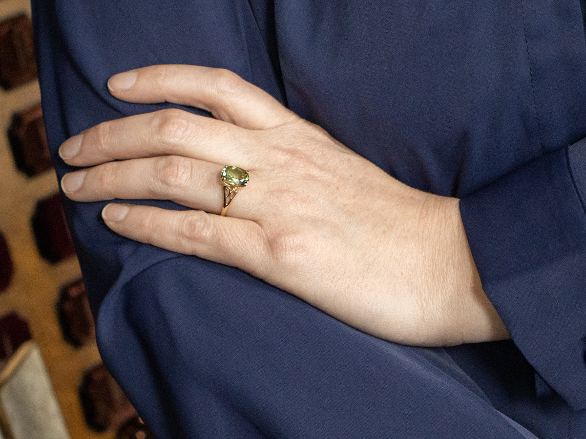 Green Tourmaline Solitaire Ring with Openwork Scrolling Shoulders