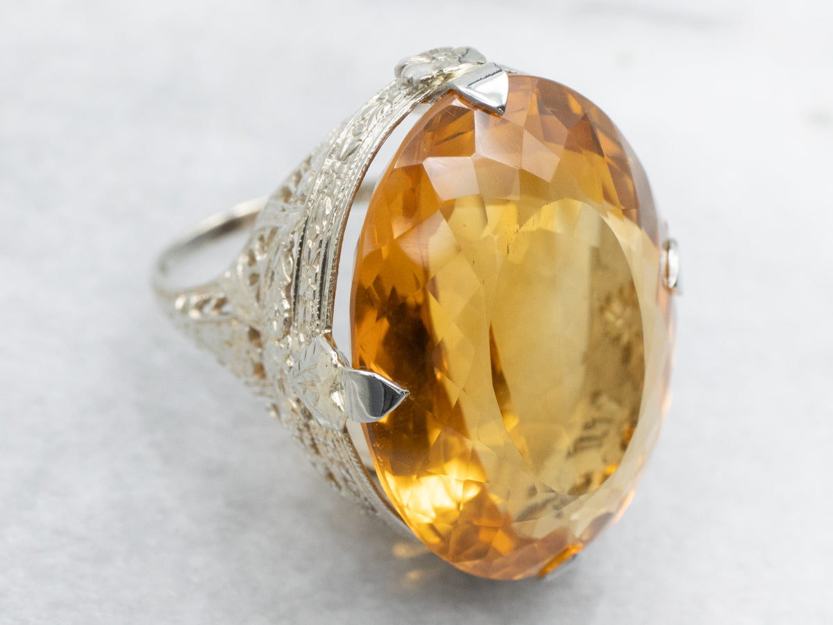 Antique Citrine Cocktail Ring with Floral Filigree Basket