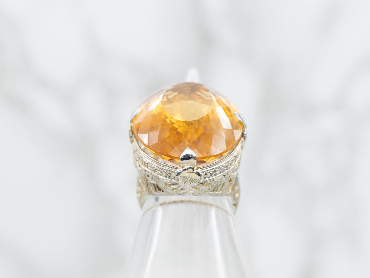 Antique Citrine Cocktail Ring with Floral Filigree Basket