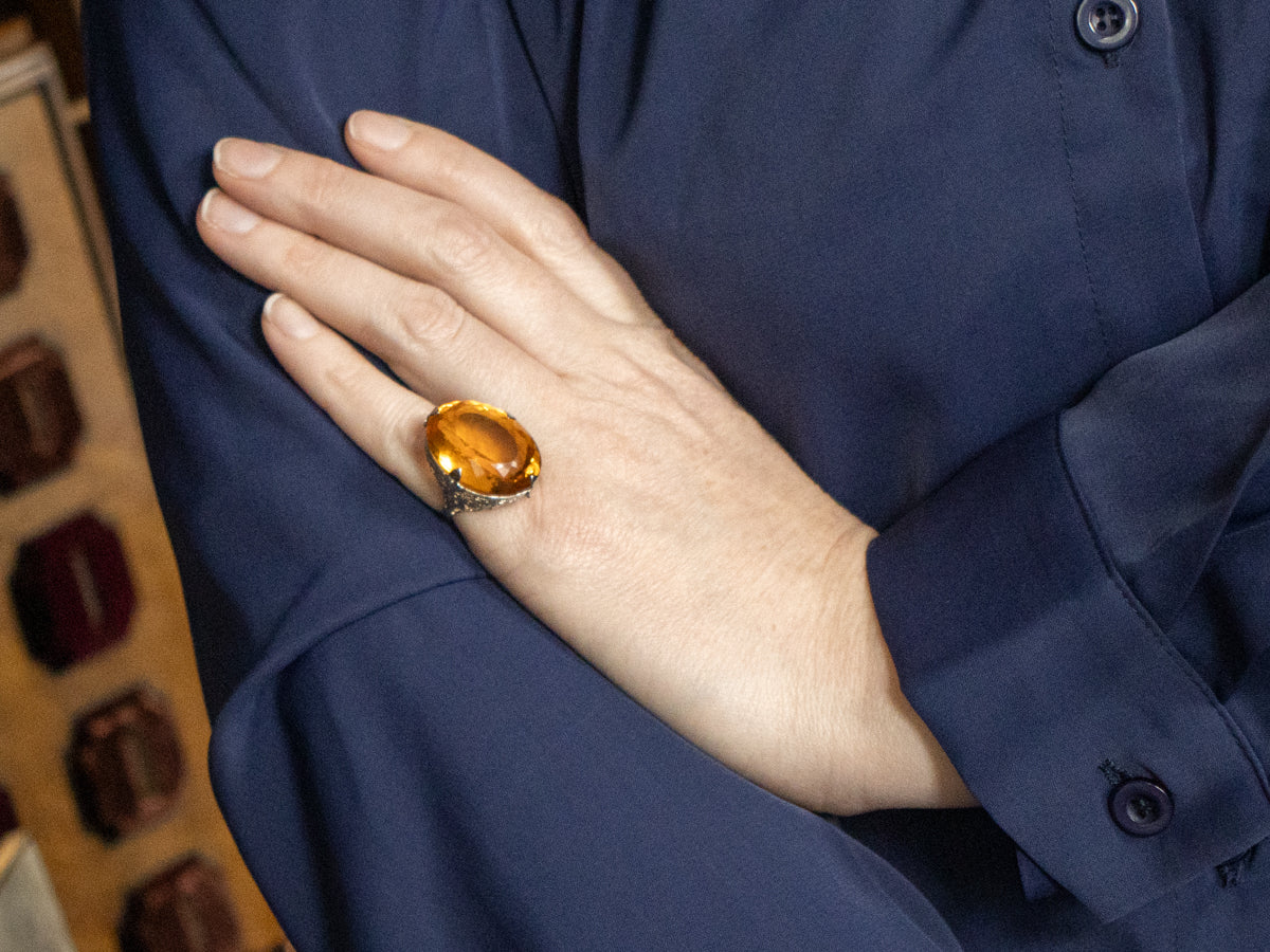 Antique Citrine Cocktail Ring with Floral Filigree Basket