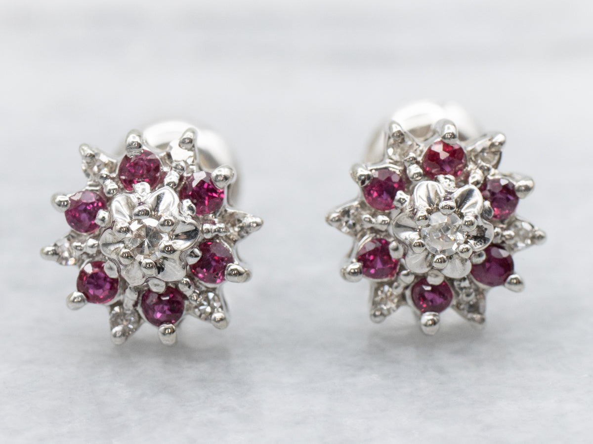 Diamond and Ruby Halo Stud Earrings with Threaded Posts