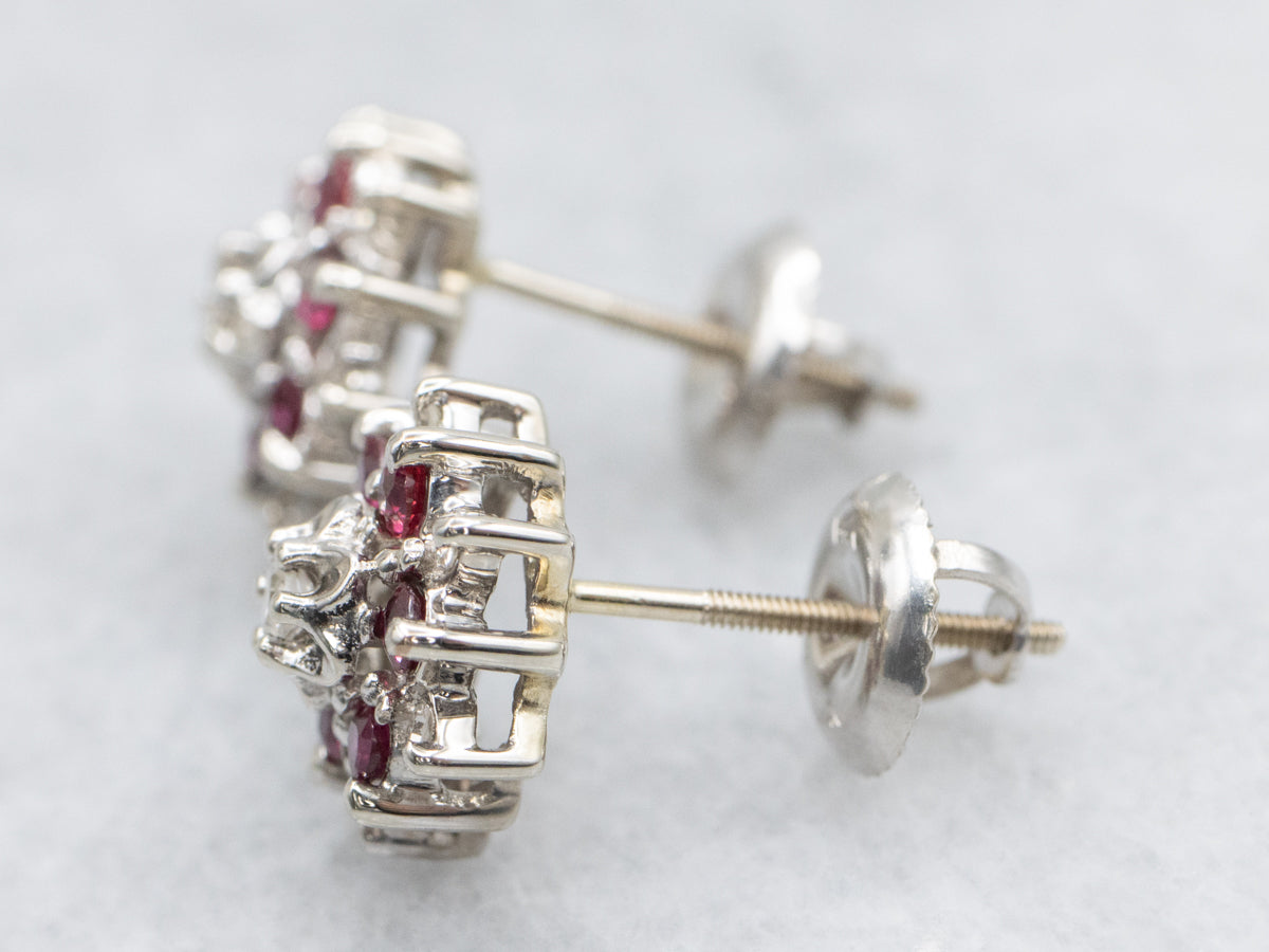 Diamond and Ruby Halo Stud Earrings with Threaded Posts