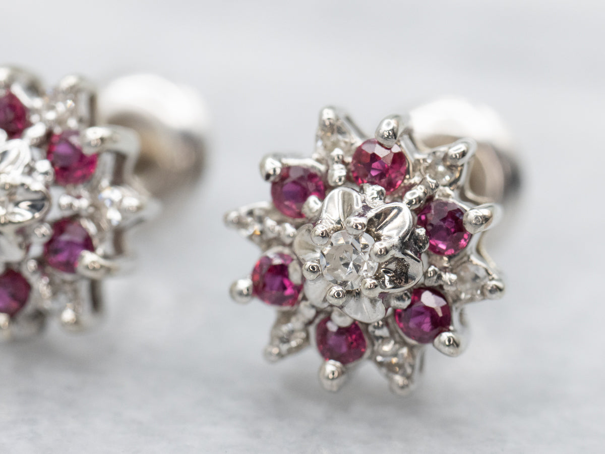 Diamond and Ruby Halo Stud Earrings with Threaded Posts