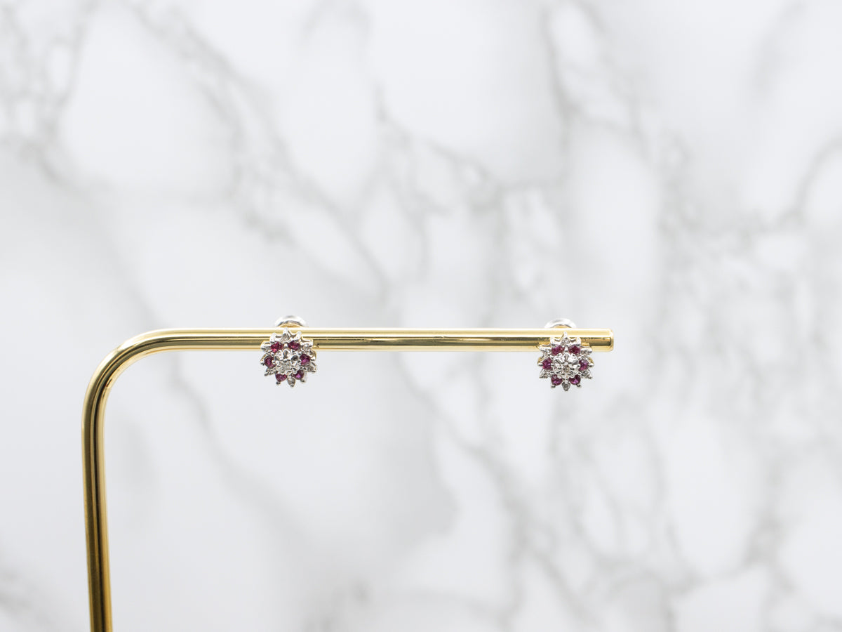 Diamond and Ruby Halo Stud Earrings with Threaded Posts