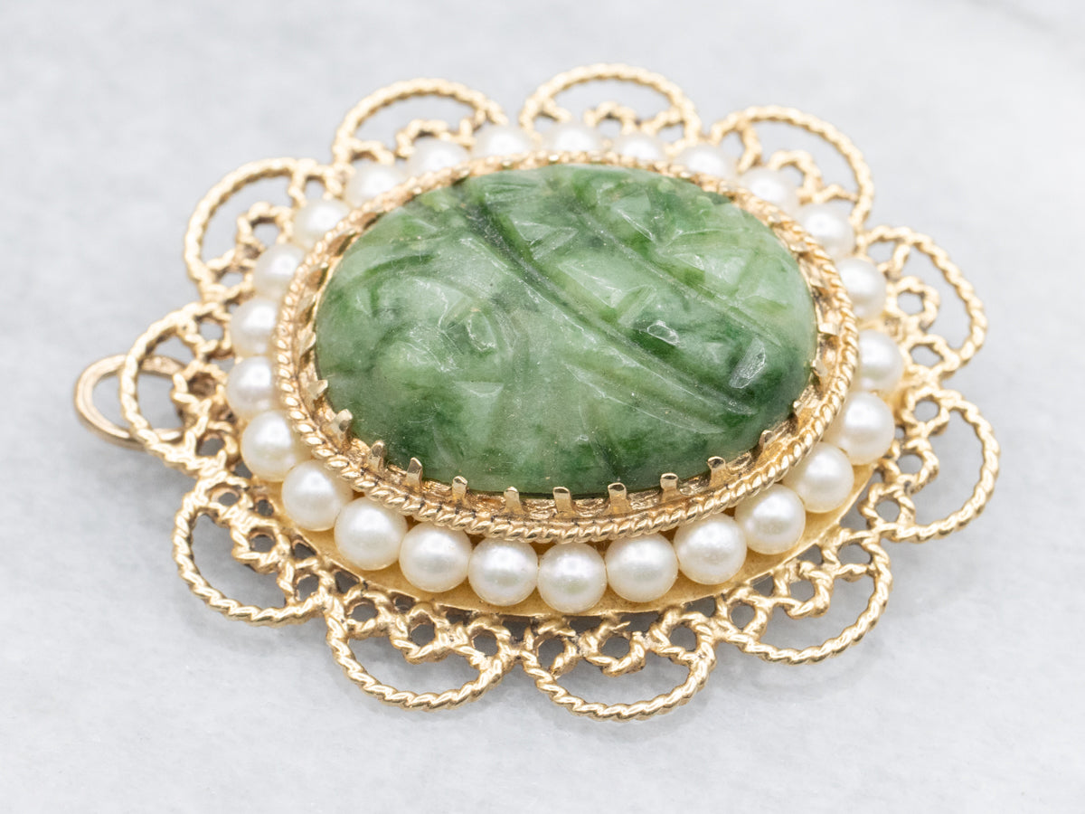 Nephrite Jade and Pearl Halo Pendant or Brooch