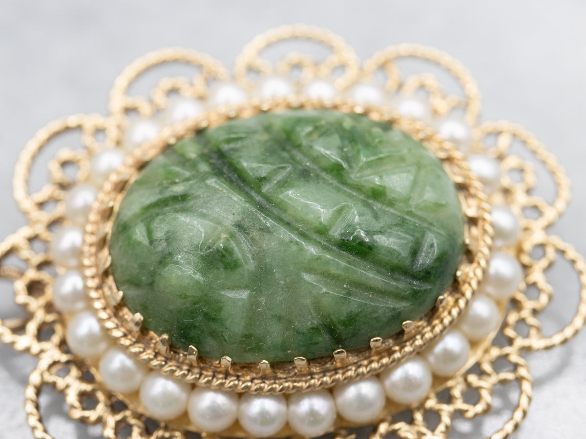 Nephrite Jade and Pearl Halo Pendant or Brooch