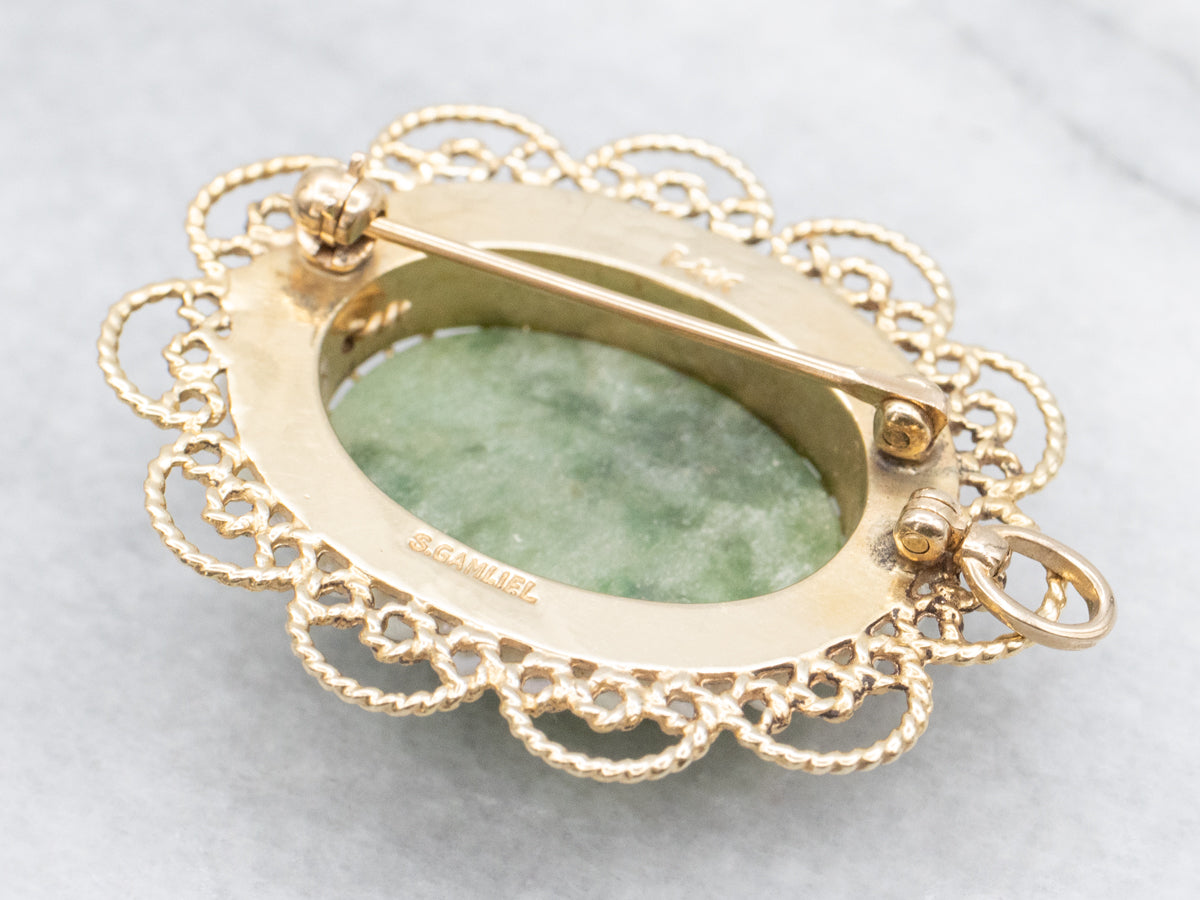 Nephrite Jade and Pearl Halo Pendant or Brooch