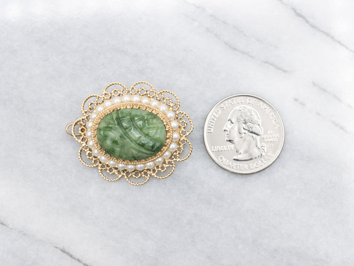 Nephrite Jade and Pearl Halo Pendant or Brooch