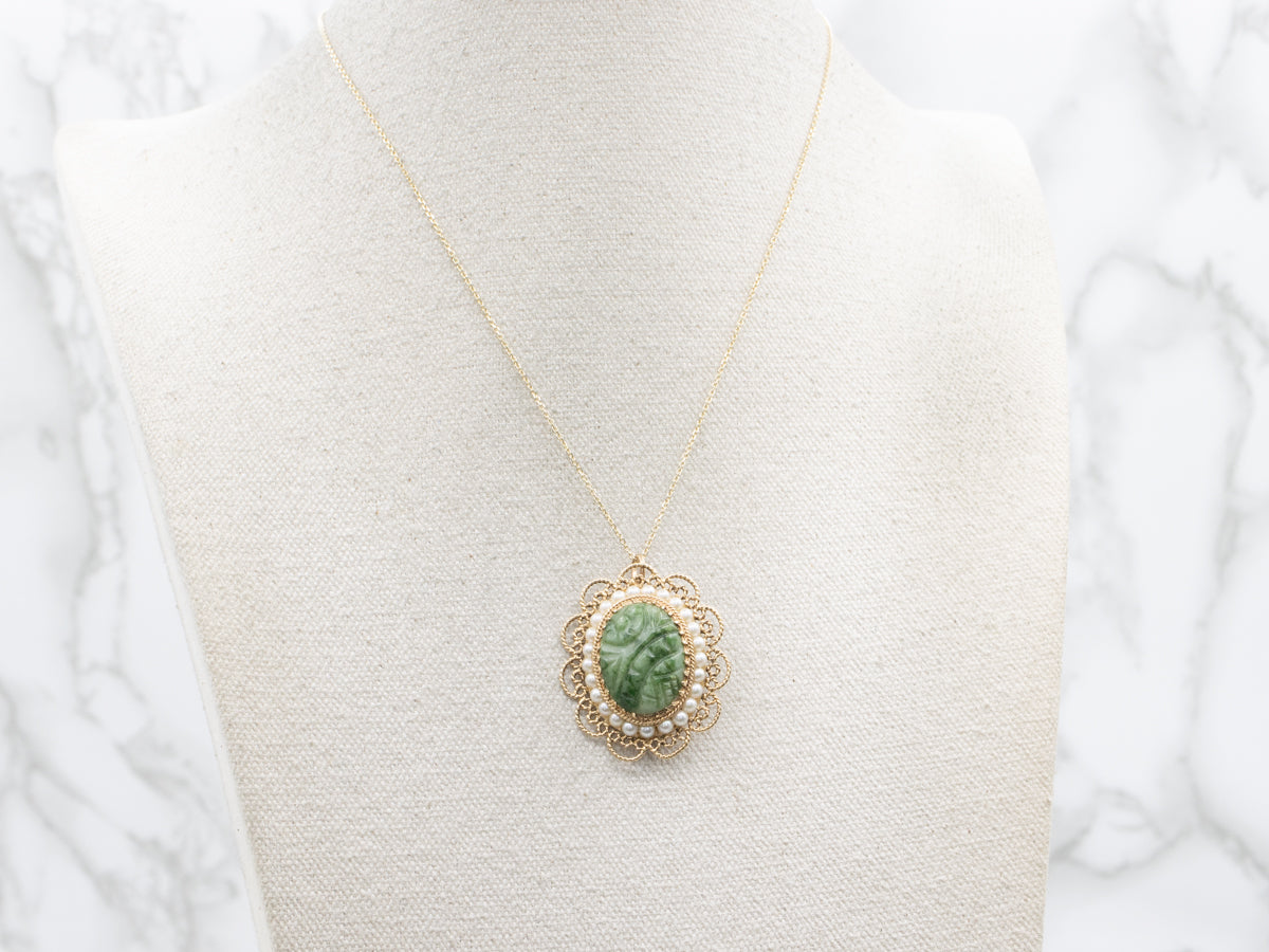 Nephrite Jade and Pearl Halo Pendant or Brooch