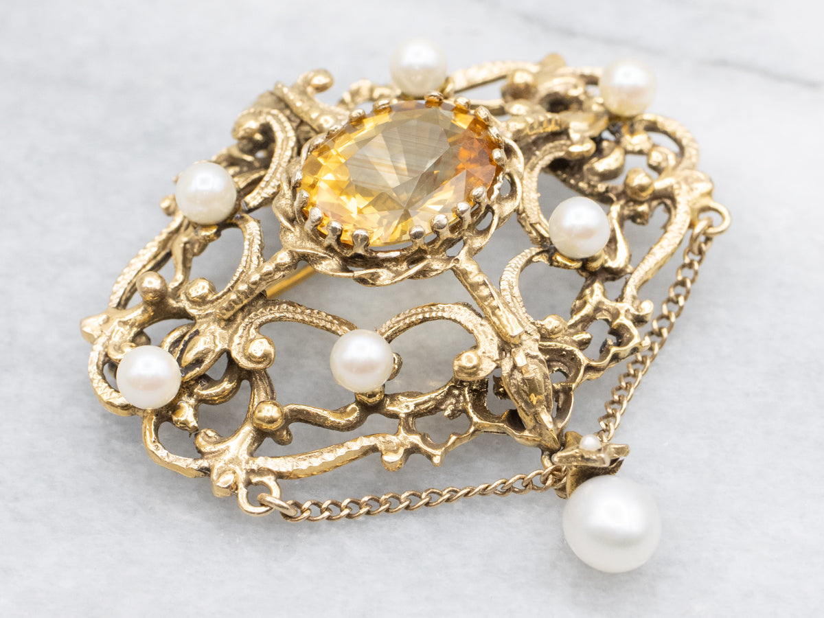 Ornate Citrine and Pearl Antique Gold Brooch