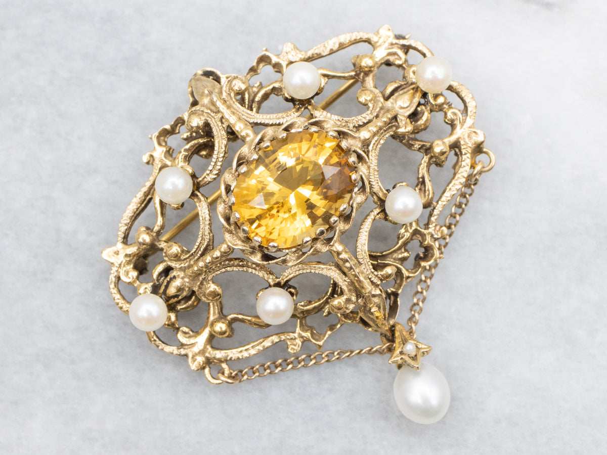 Ornate Citrine and Pearl Antique Gold Brooch
