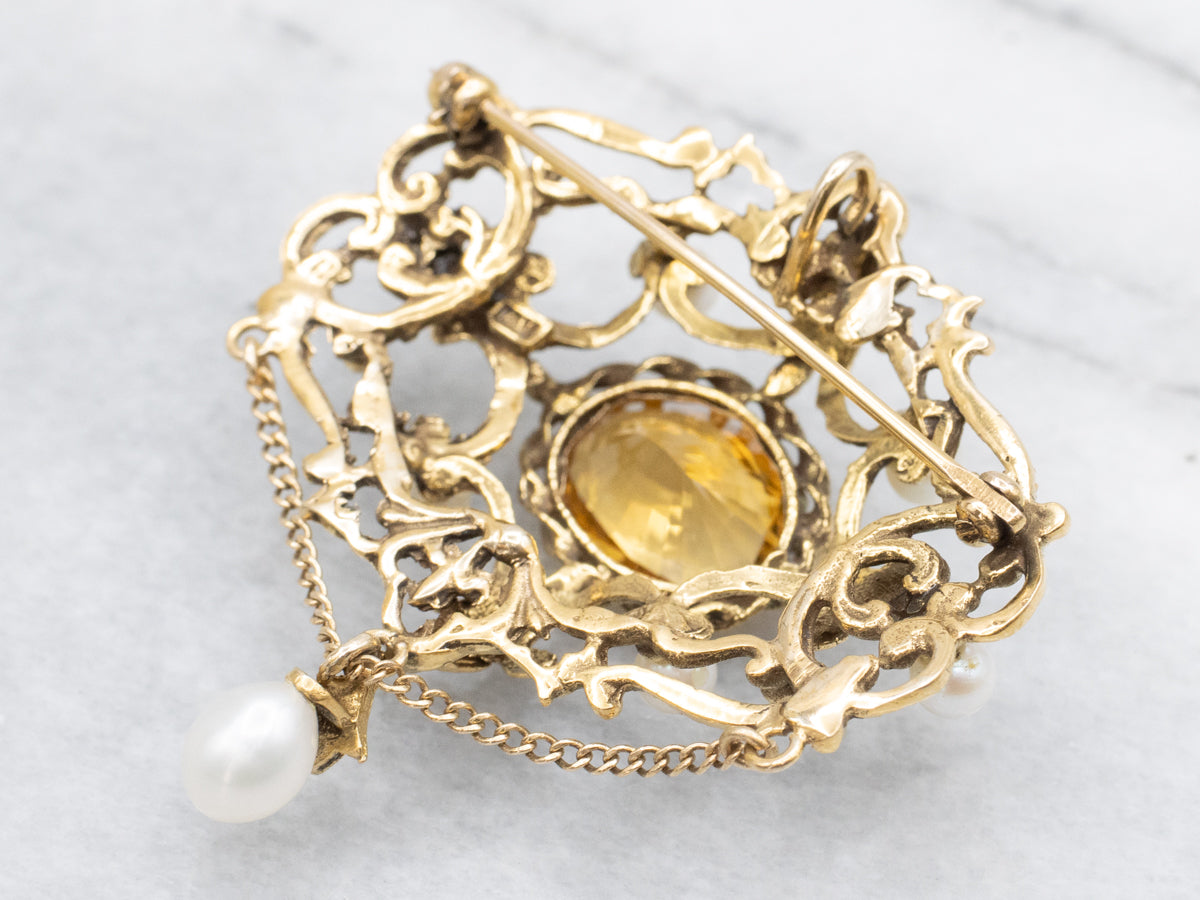 Ornate Citrine and Pearl Antique Gold Brooch