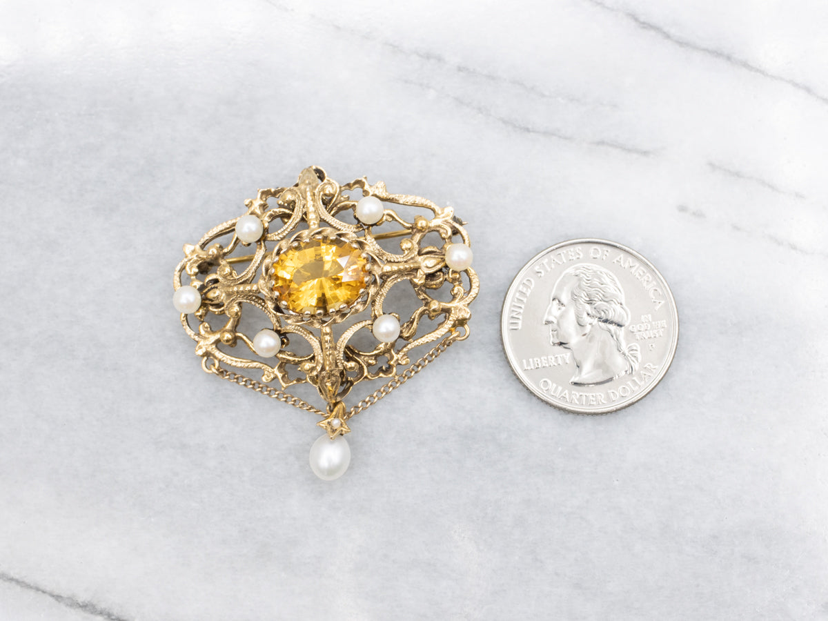 Ornate Citrine and Pearl Antique Gold Brooch