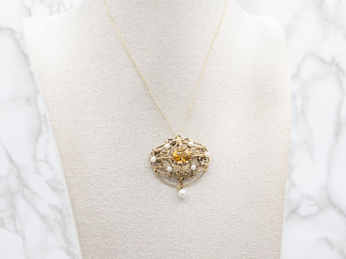 Ornate Citrine and Pearl Antique Gold Brooch
