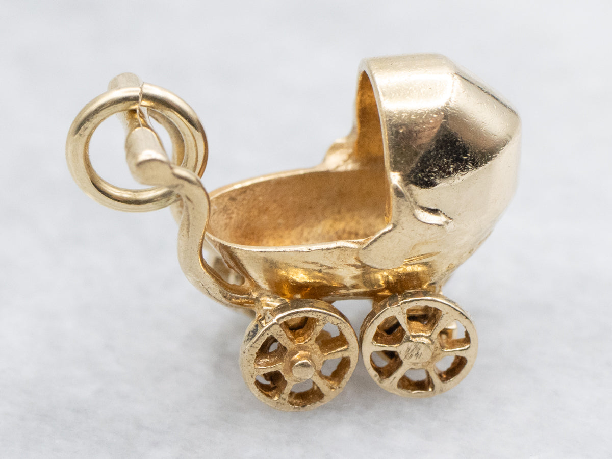 Gold Baby Carriage Charm with Moving Wheels