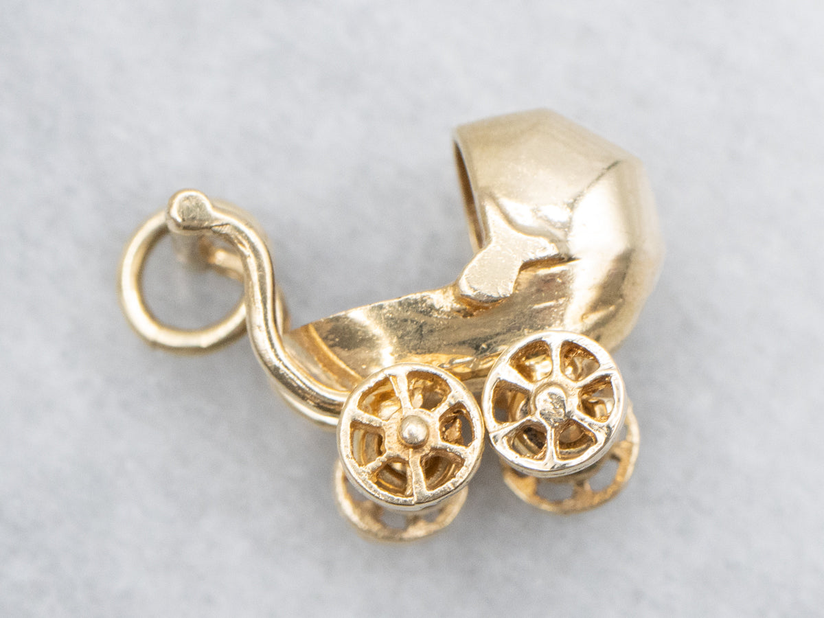 Gold Baby Carriage Charm with Moving Wheels