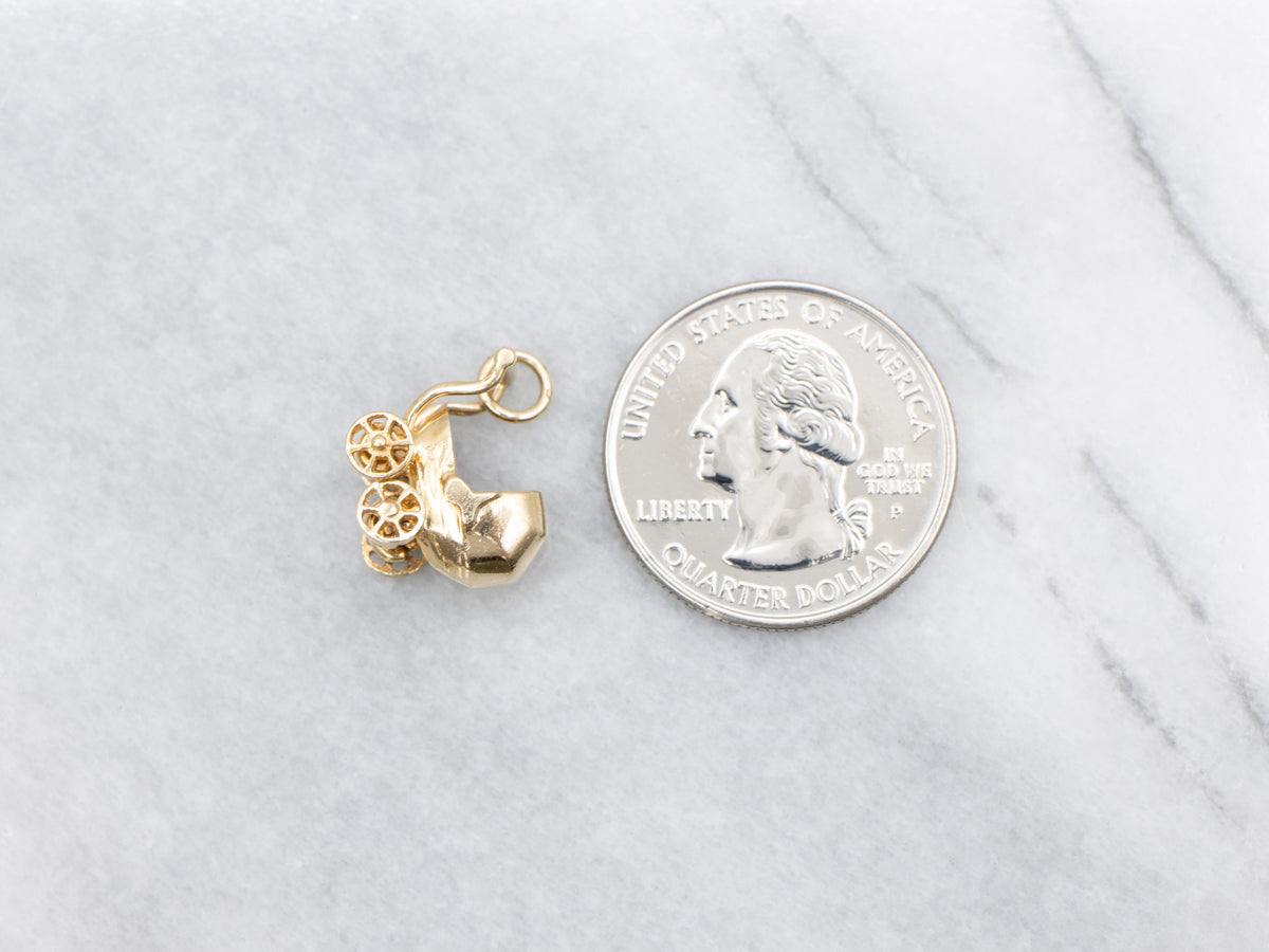 Gold Baby Carriage Charm with Moving Wheels