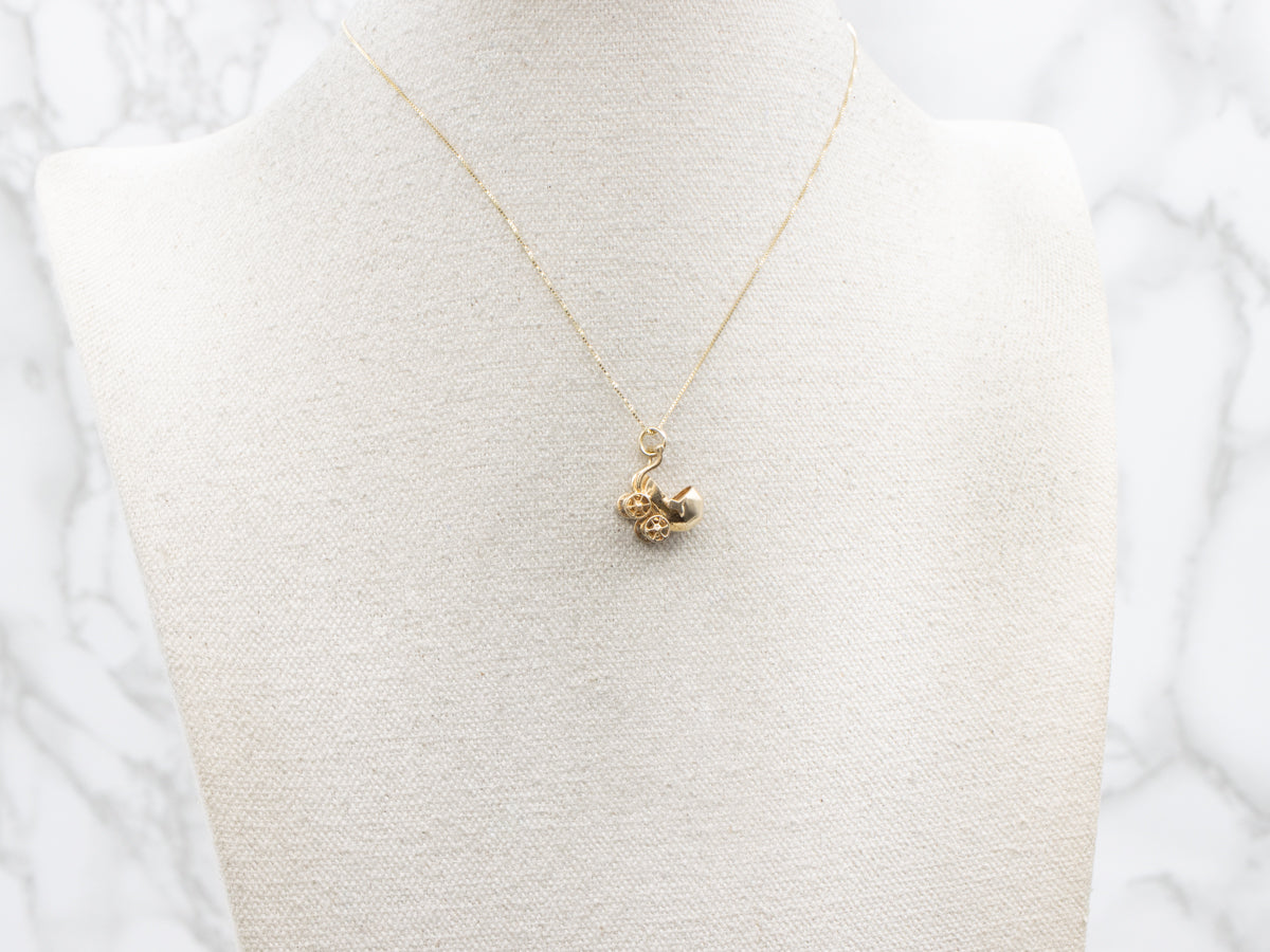 Gold Baby Carriage Charm with Moving Wheels