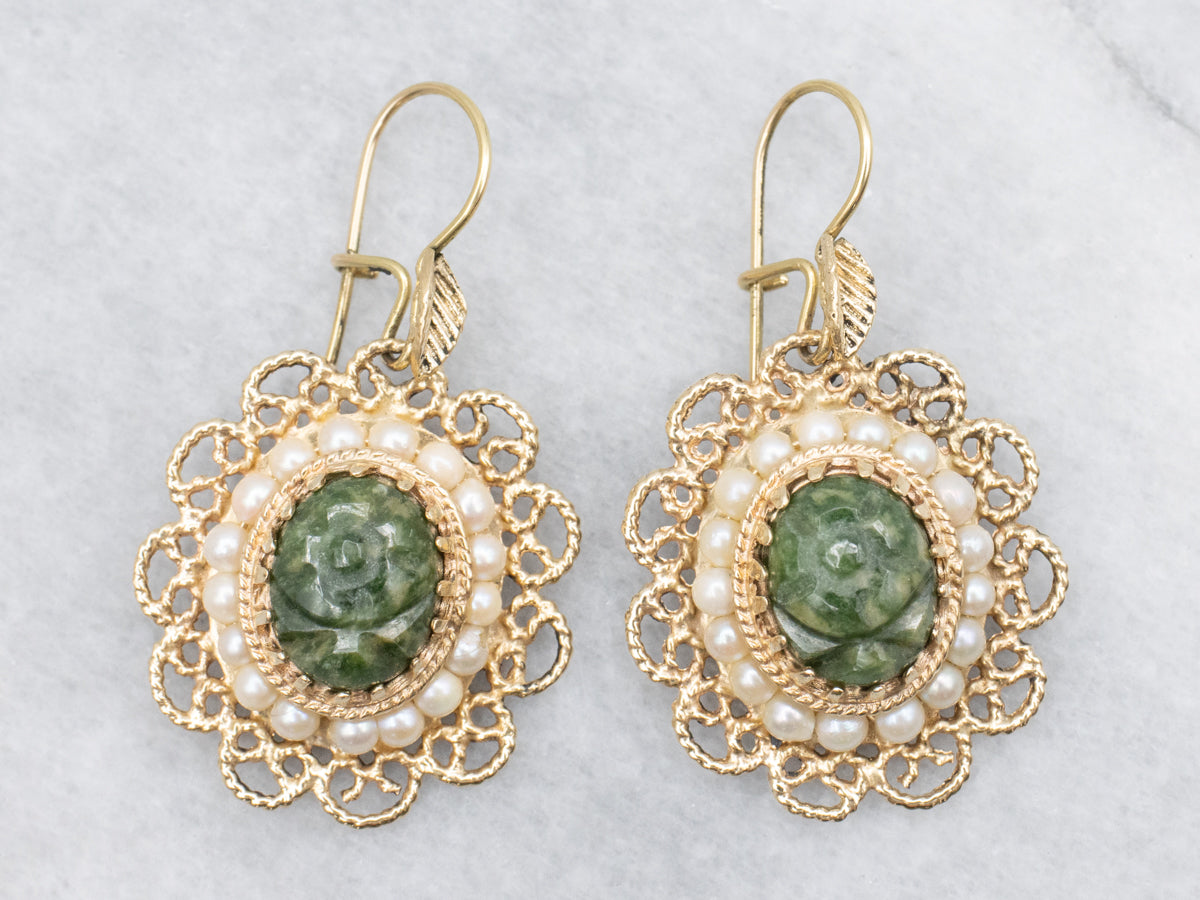 Vintage Nephrite Jade Pearl Halo Drop Earrings