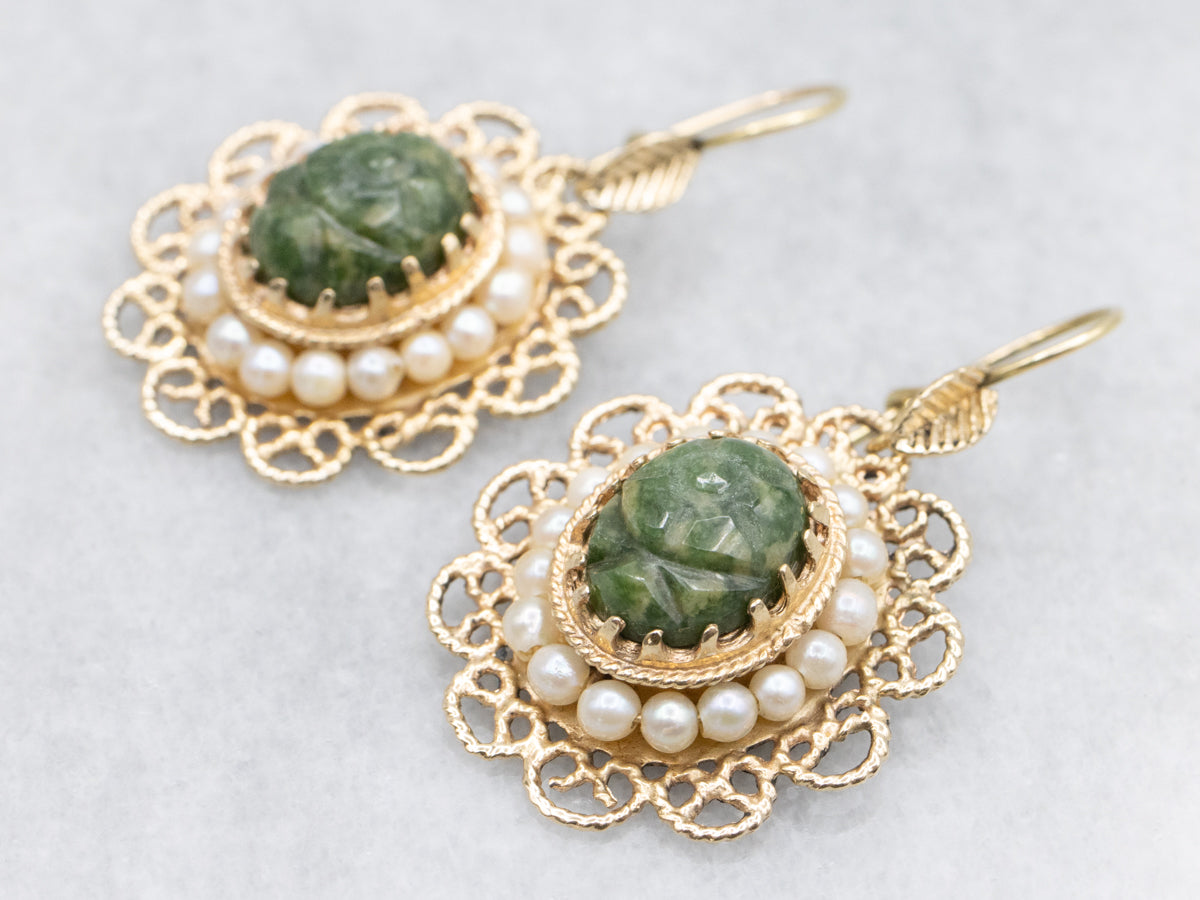 Vintage Nephrite Jade Pearl Halo Drop Earrings