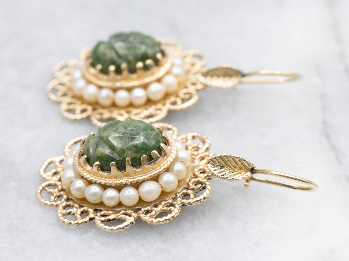 Vintage Nephrite Jade Pearl Halo Drop Earrings