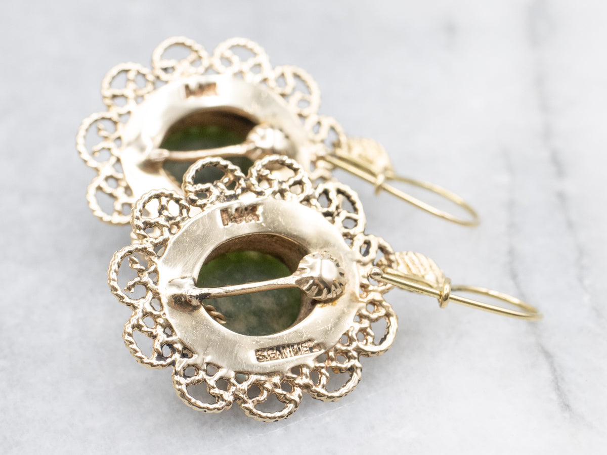 Vintage Nephrite Jade Pearl Halo Drop Earrings