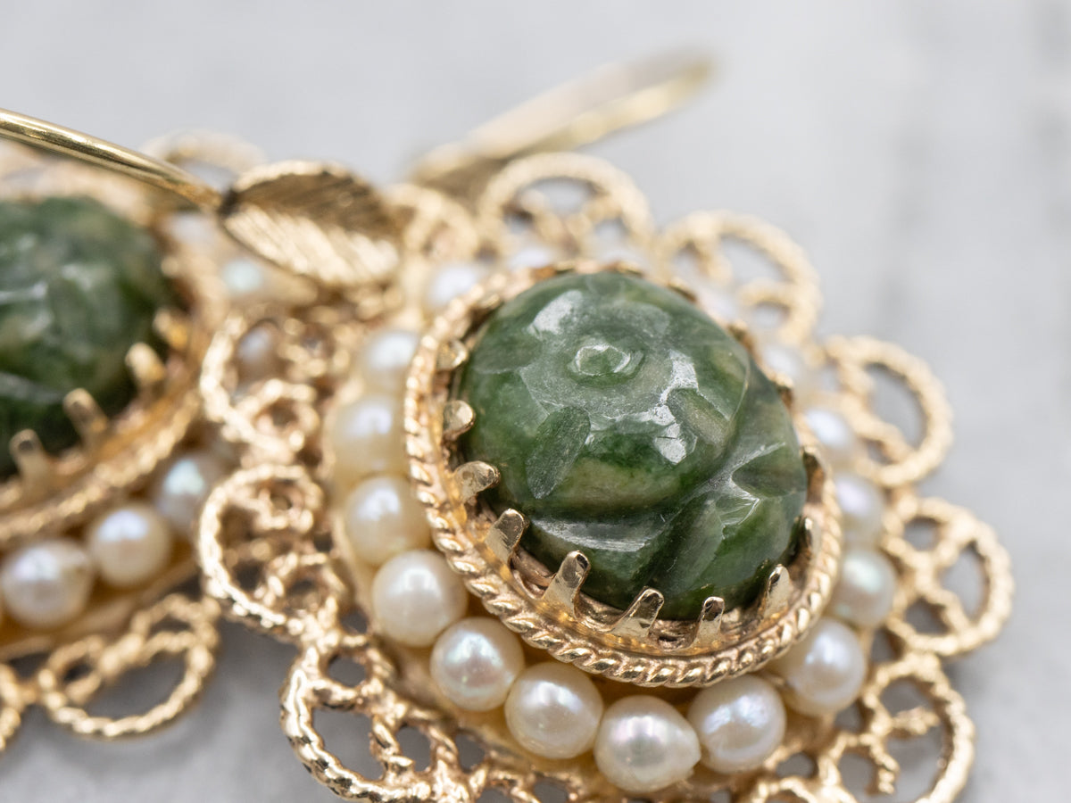 Vintage Nephrite Jade Pearl Halo Drop Earrings