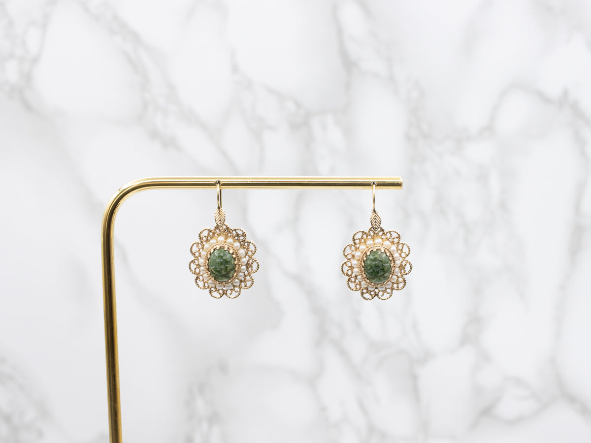 Vintage Nephrite Jade Pearl Halo Drop Earrings