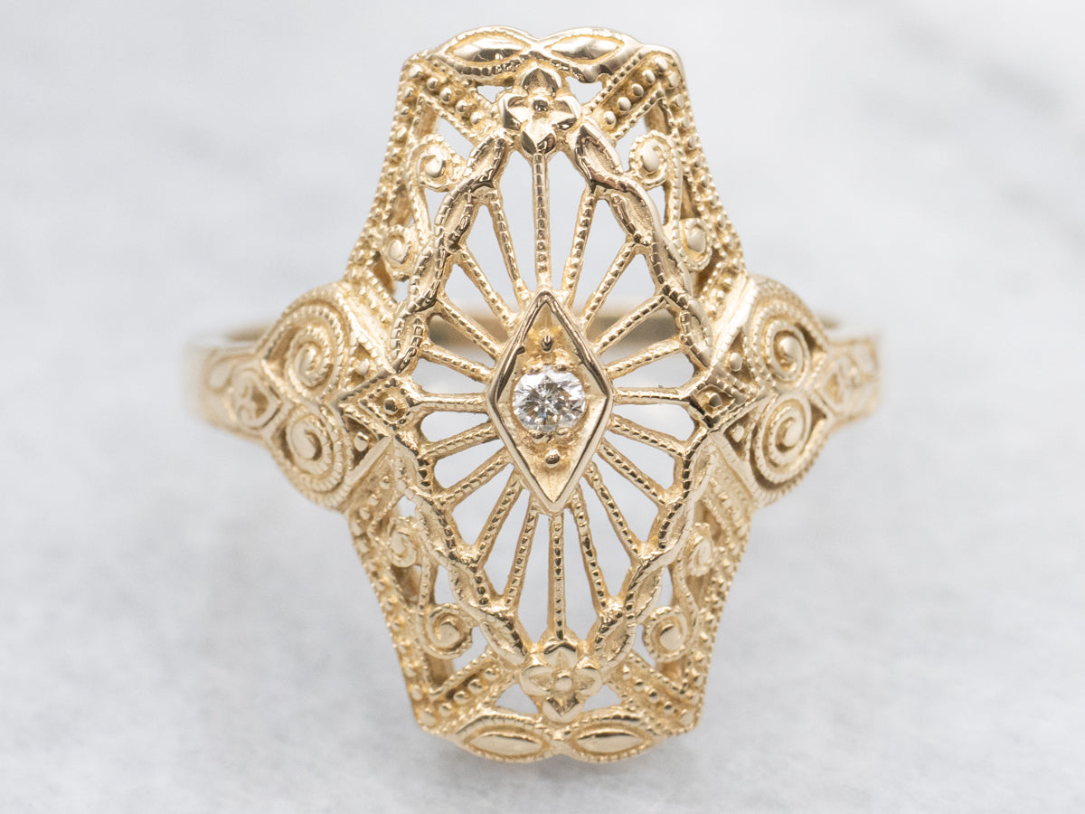 Ornate Gold Filigree Diamond Dinner Ring