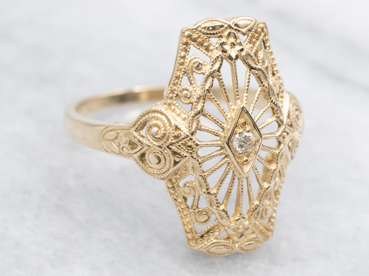 Ornate Gold Filigree Diamond Dinner Ring
