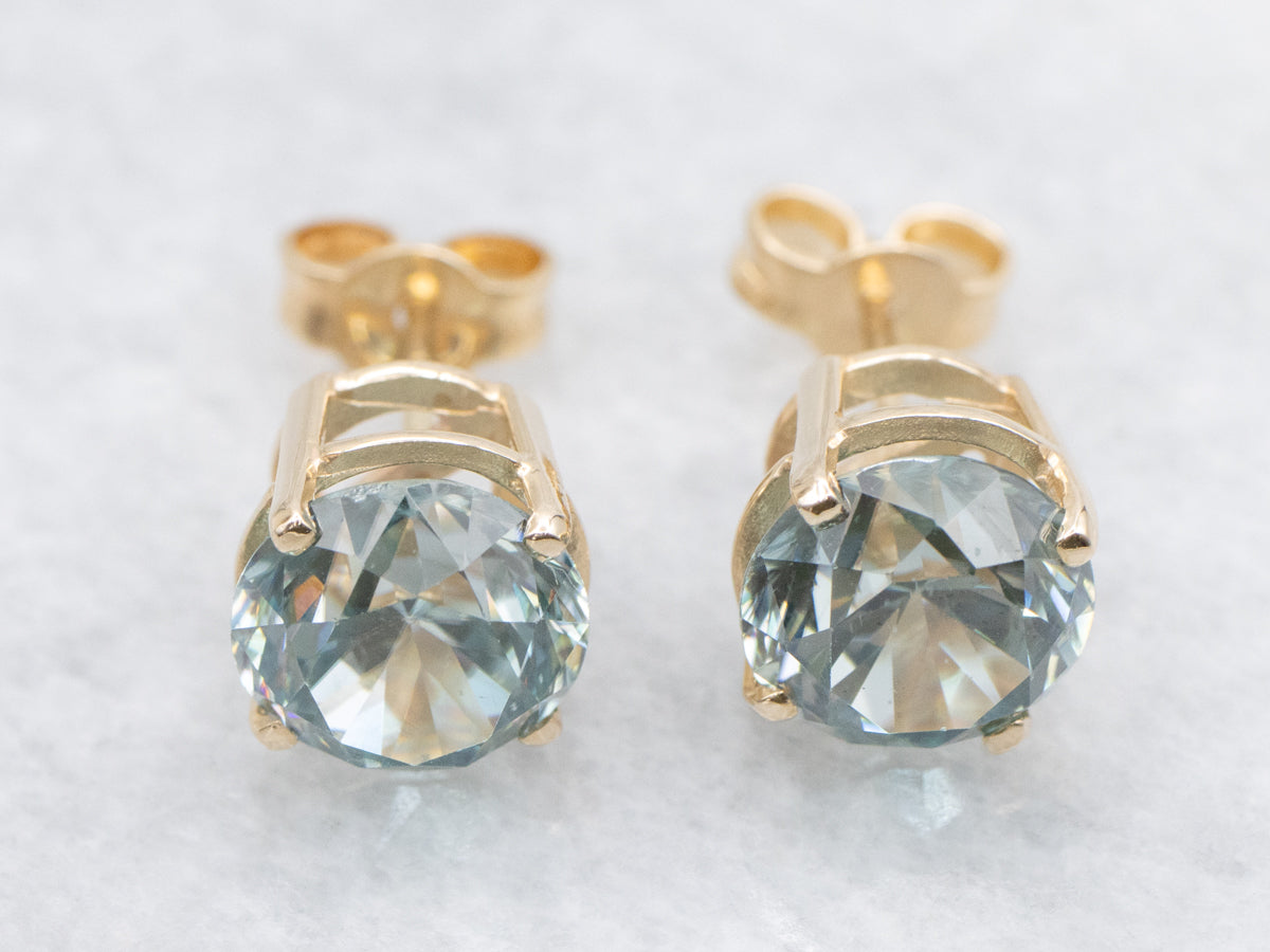 Blue Zircon and Gold Gemstone Stud Earrings