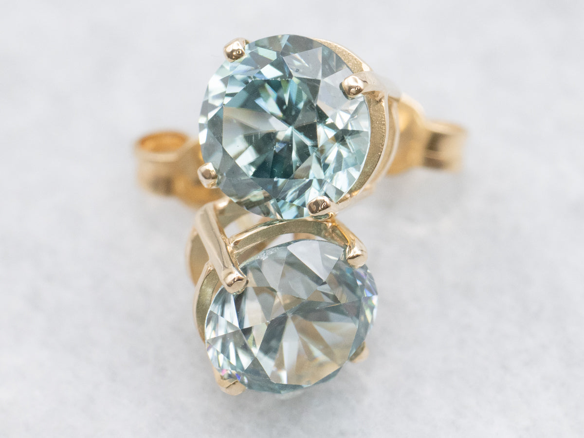 Blue Zircon and Gold Gemstone Stud Earrings