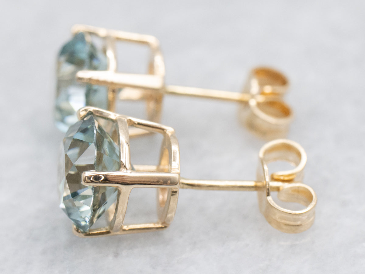 Blue Zircon and Gold Gemstone Stud Earrings