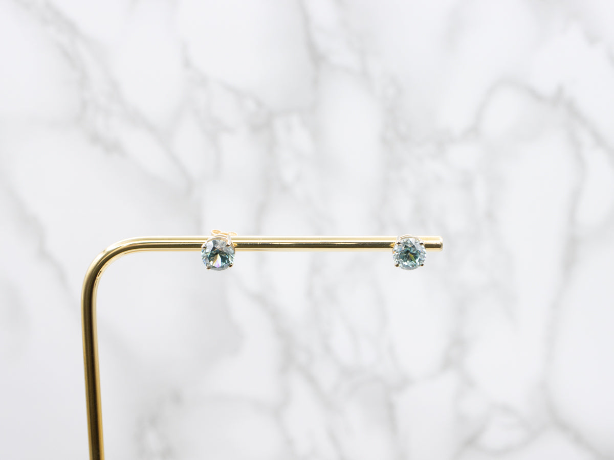 Blue Zircon and Gold Gemstone Stud Earrings