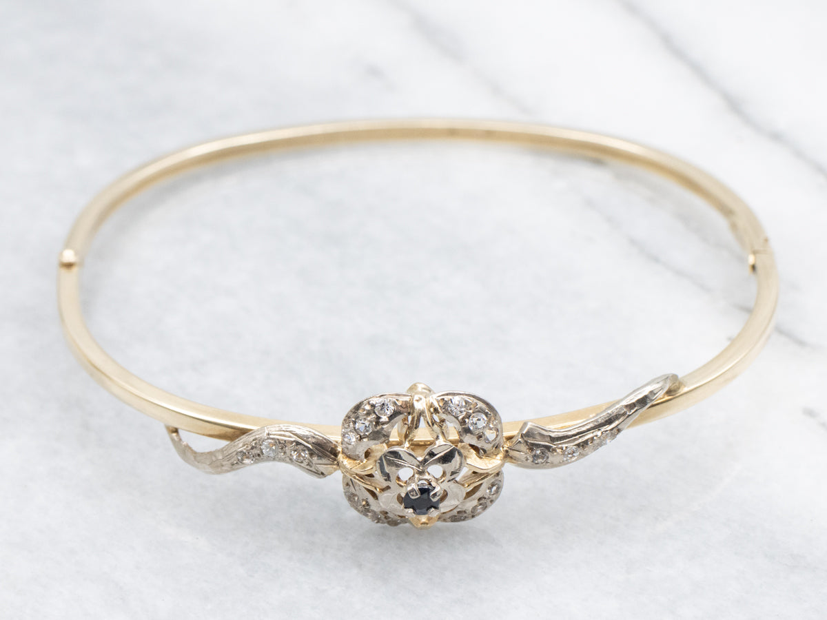 Vintage Two Tone Gold Sapphire and Synthetic Spinel Floral Bangle Bracelet