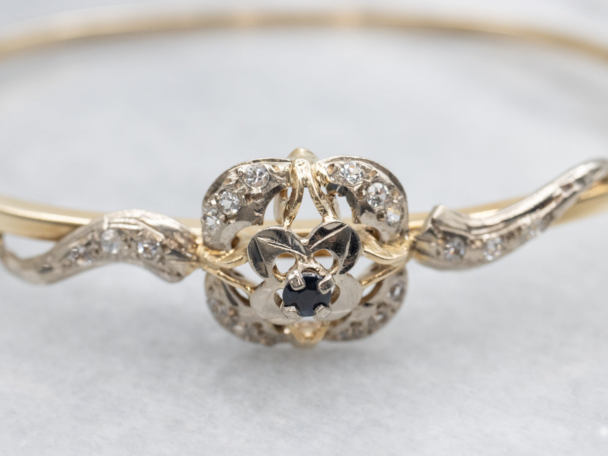 Vintage Two Tone Gold Sapphire and Synthetic Spinel Floral Bangle Bracelet