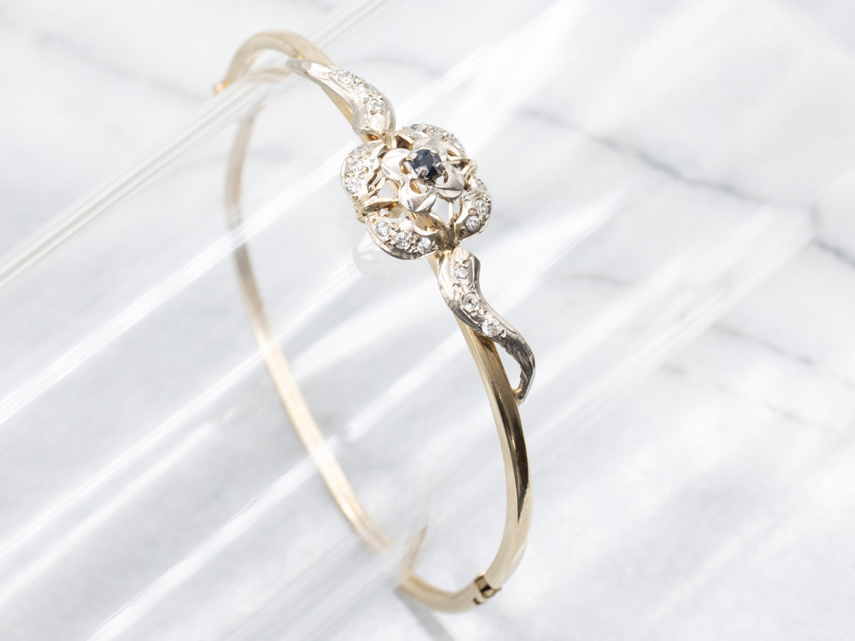 Vintage Two Tone Gold Sapphire and Synthetic Spinel Floral Bangle Bracelet