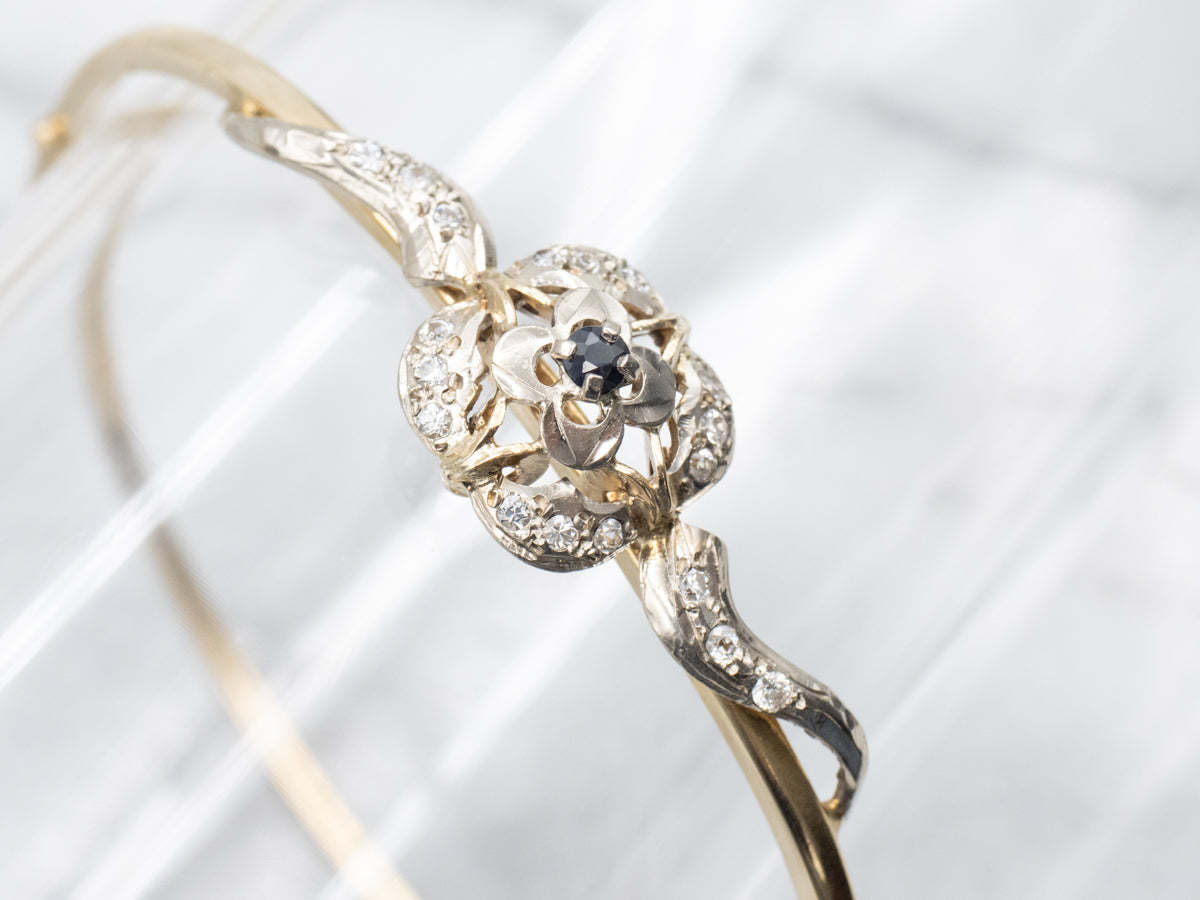 Vintage Two Tone Gold Sapphire and Synthetic Spinel Floral Bangle Bracelet